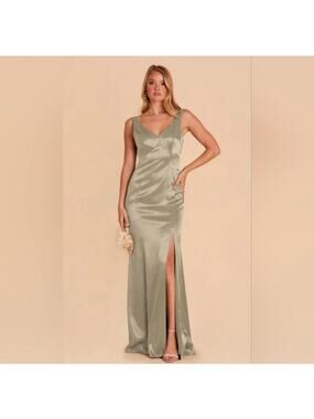 Birdy Grey Gloria V-Neck Sleeveless Formal Gown Satin Moss Green Medium NWT